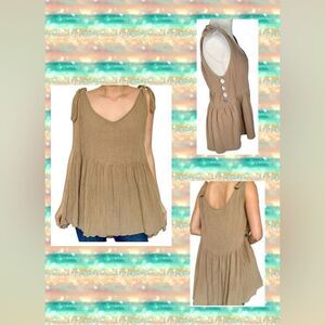 Girl And The Sun Tan Cotton Muslin Tie Shoulder Strap Babydoll Tank Top